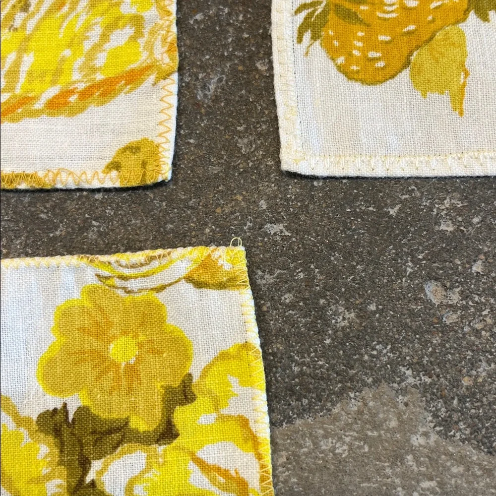 Vintage set of 10 asst size’s floral gold / yellow napkins handmade zig zag hems